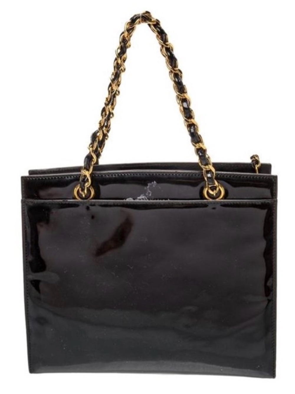 Auth Certified Vintage CHANEL Black Patent Leather Gold Chain Tote Bag 1997–1999 - Picture 3 of 4